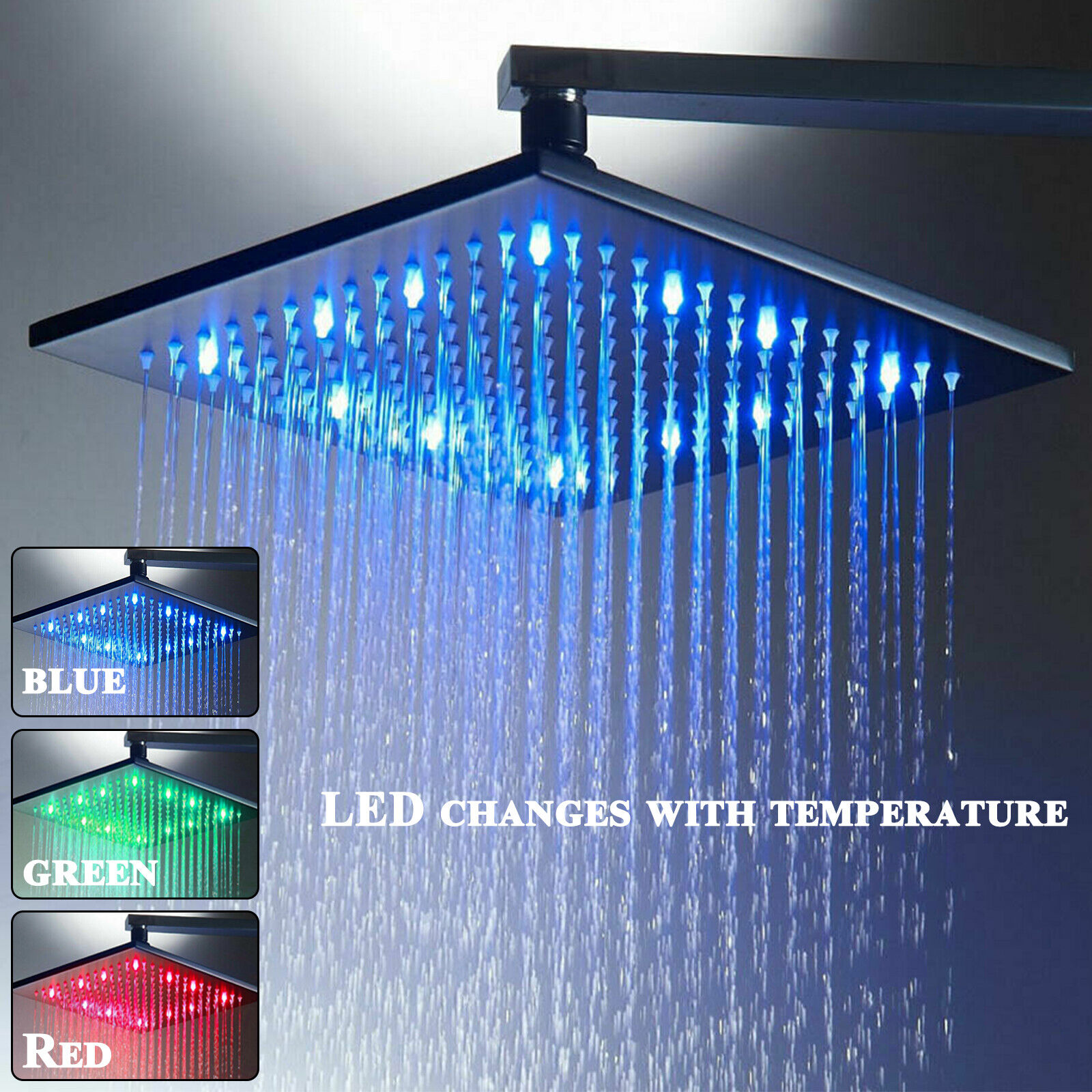 LIFFSSDG 16 Inch LED Rain Shower Head, Bathroom Square Top Sprayer, Large Stainless Steel Shower Head, Ultra Rainfall Bath Shower With Silicone Nozzle, Matte Black