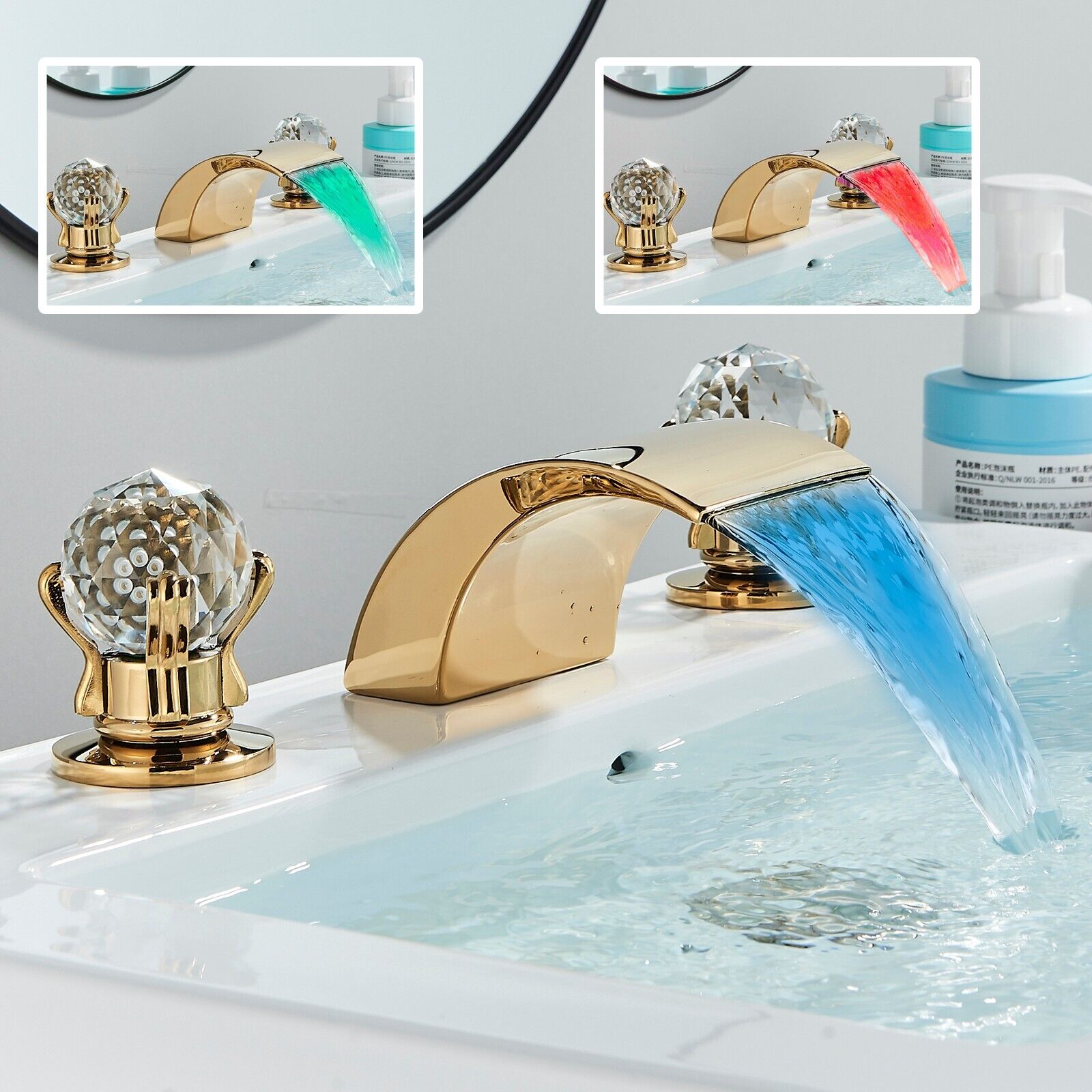 LIFFSSDG LED Bathroom Sink Faucet, 8 inch Gold High Arc Waterfall Spout Vanity Basin Mixer Tap Bathtub Filler Faucet, with 2 Handle 3 Hole Crystal Knobs