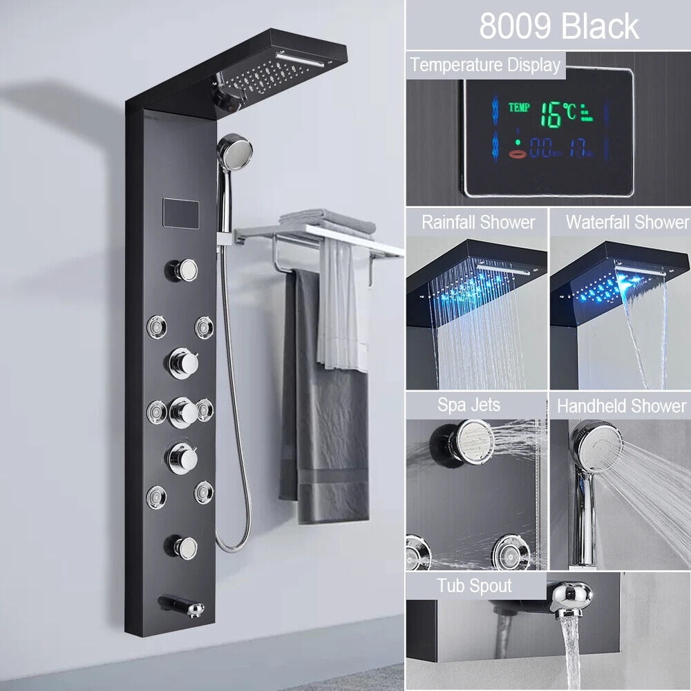 LIFFSSDG LED Shower Panel Tower System Rainfall Waterfall Shower 304 Stainless Steel Bathroom Shower Tower with 6 Brass Body Massage Spray Handheld Shower, Bathtub Spout,Black