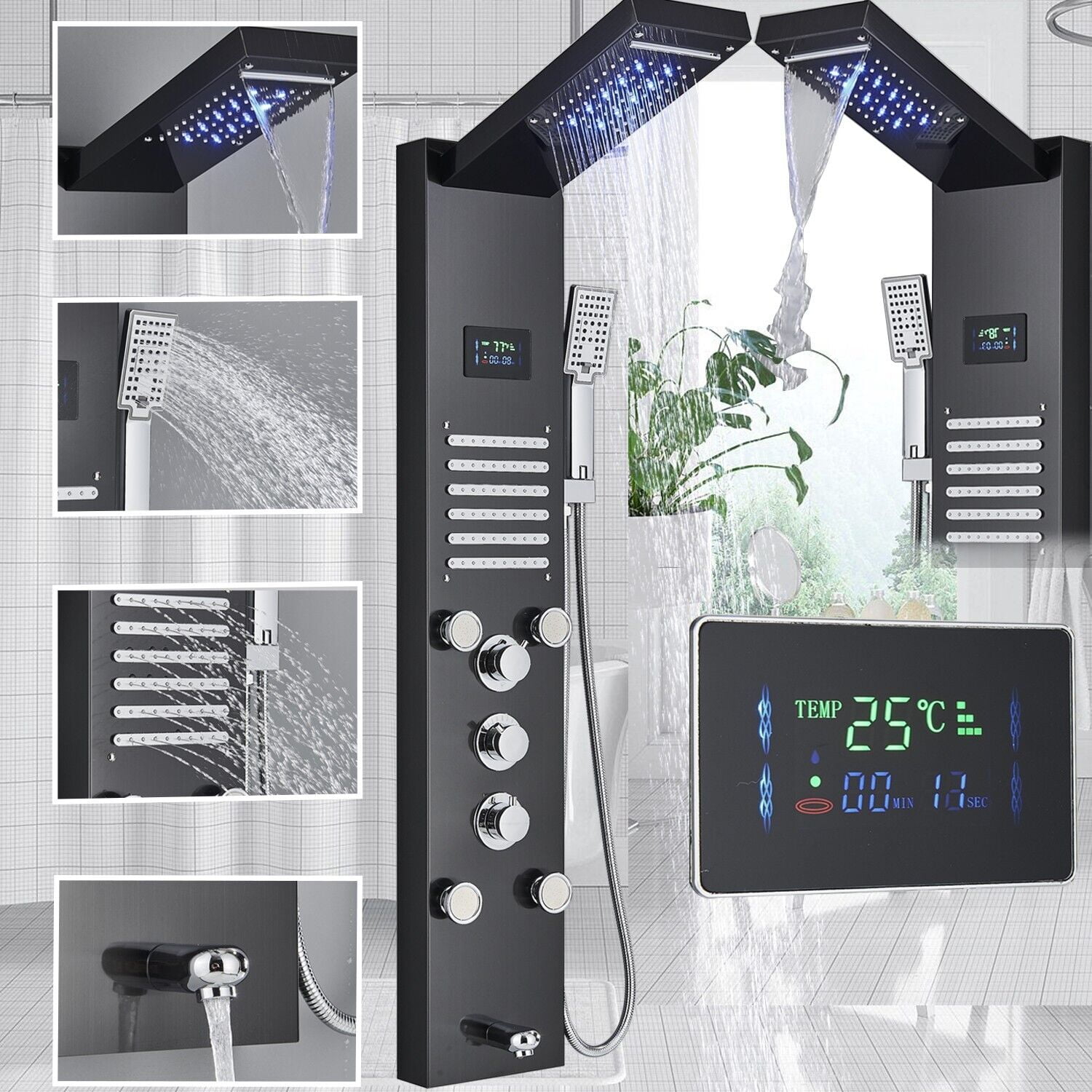 LIFFSSDG LED Shower Panel Tower System,Stainless Steel Rainfall Waterfall Shower Head, 6 in 1