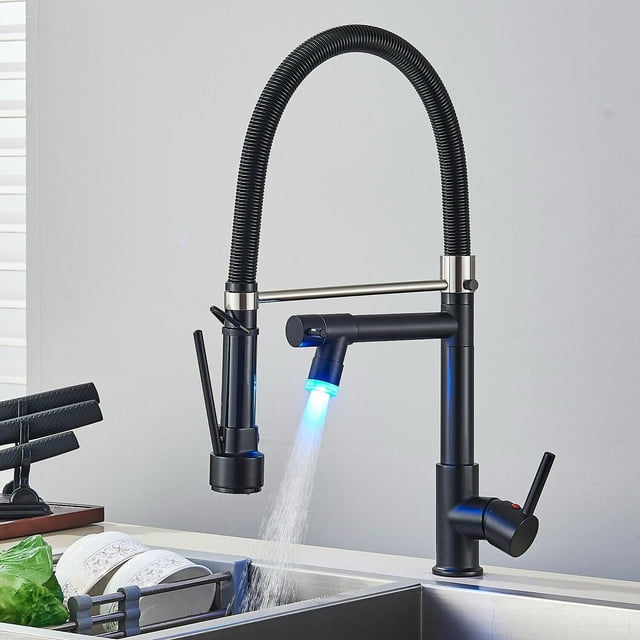 LIFFSSDG Matte Black LED Kitchen Faucet, Kitchen Tap with Lock Shower Head Extendible 360° Swivel Bar Pull-Down Spray High Pressure