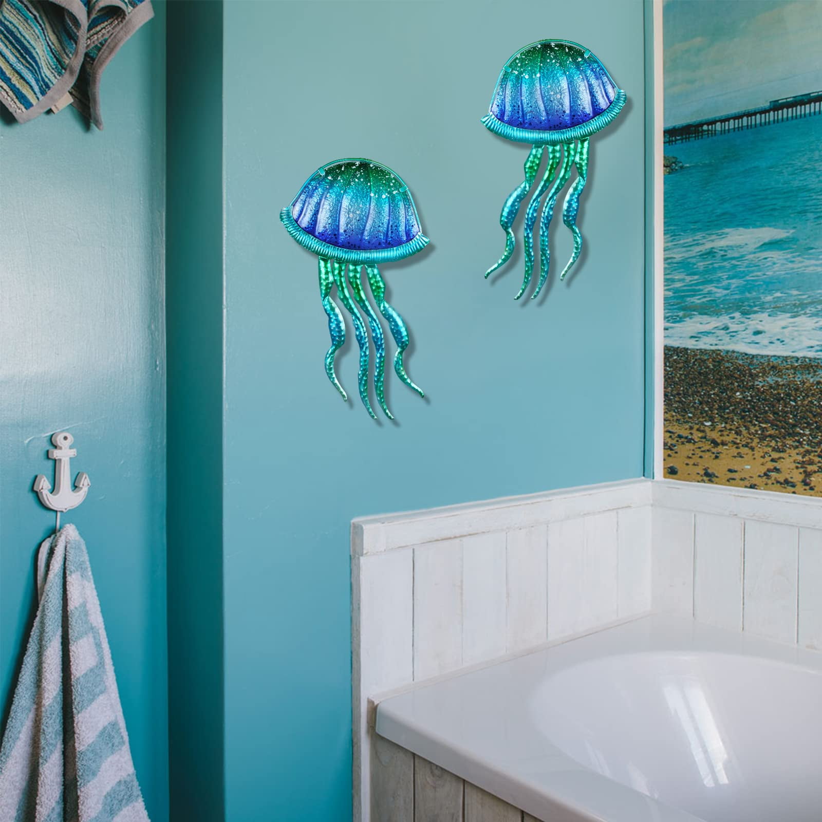 LIFFY 2 Pack Metal Jellyfish Wall DecorBlue Metal Fish Wall Art for