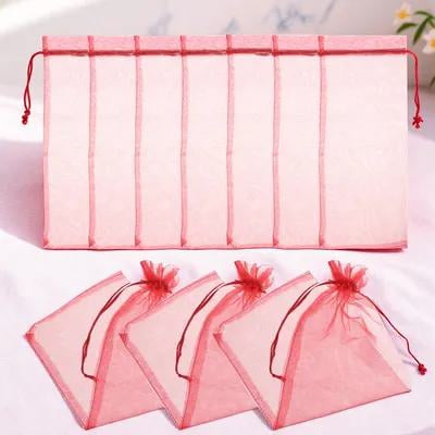 LIFKOME 10Pcs Wine Bottle Wrap Sheer Organza Dark Red Satin Drawstring Suitable for Wine Decoration