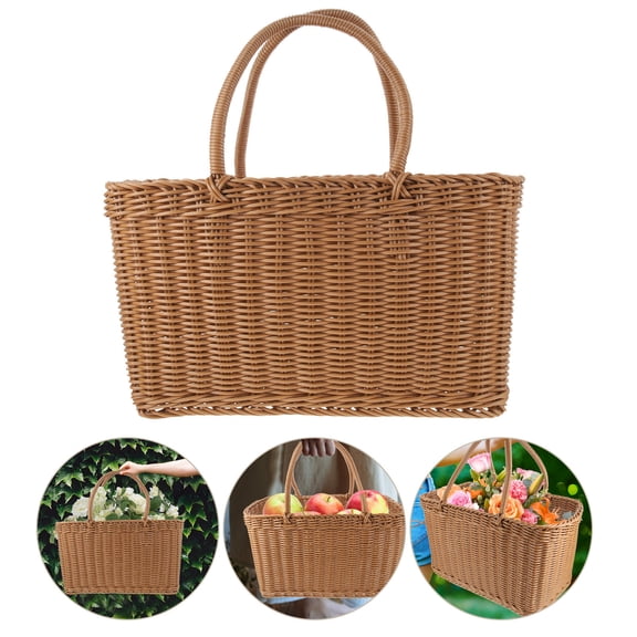 LIFKOME 1Pc Handmade Brown Picnic Basket for Fruit Snacks and Sundries Storage