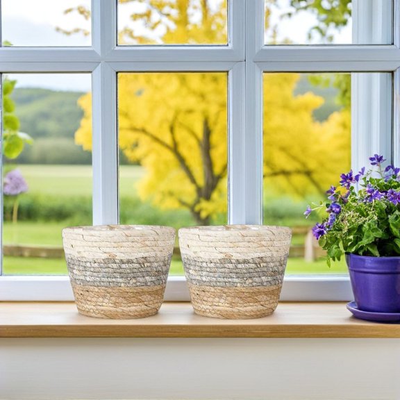 LIFKOME 2Pcs Braided Plant Basket Multi Straw Flower Holder Baskets Natural Touch for Balcony