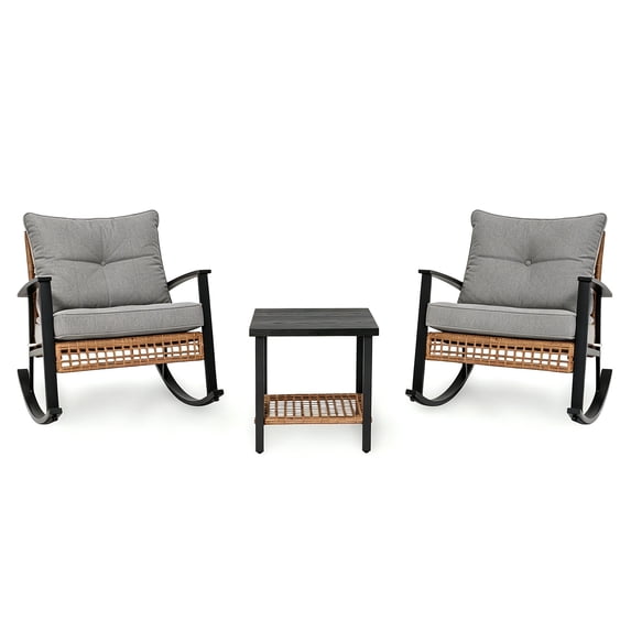 LIFKOME 3-Piece Rocking Bistro Set Rattan Patio Furniture with Thick Cushions and 2-Tier Table for Garden Balcony Backyard Gray