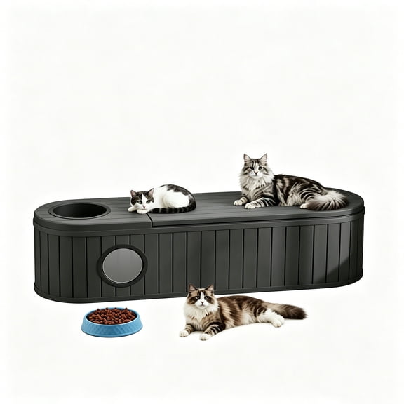 LIFKOME 3-in-1 Cat House Bench Tunnel with Feeding Bowl Black 63x17x17 Inch