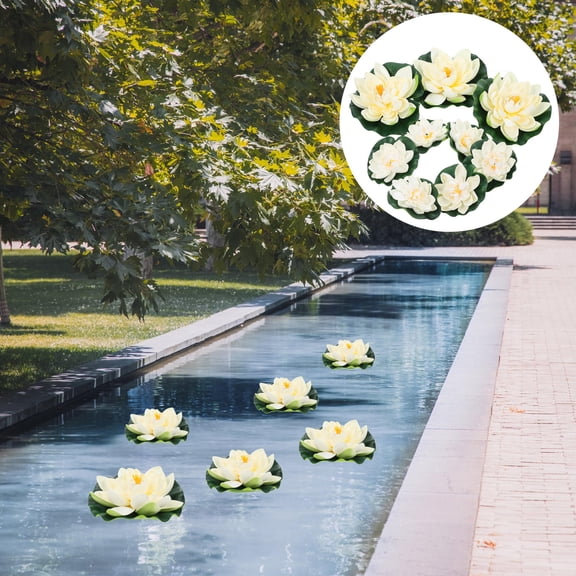 LIFKOME 9Pcs White EVA Artificial Lotus Water Lily Decorative Floating for Pond and Aquatic Plant Simulation