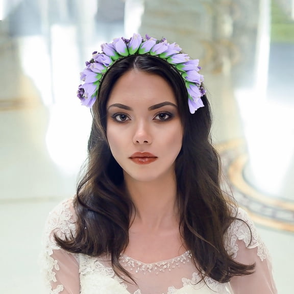 LIFKOME Bridal Flower Crown Floral Tiara Circular Purple 1Pcs for Bridesmaids