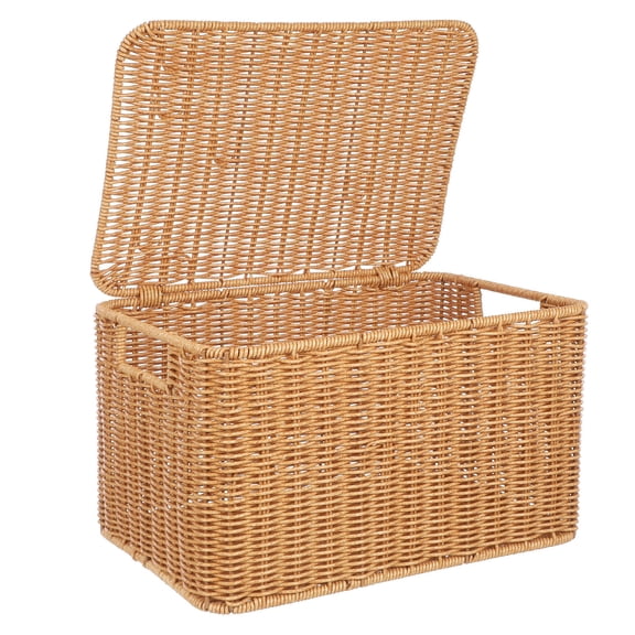LIFKOME Woven Storage Basket with Lid, Brown Plastic Rattan Organizer Bin with Iron Frame, Large Capacity for Home and Closet Use