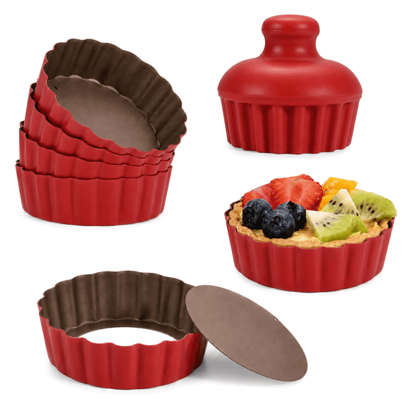 WENSTERBAKE 6 Pieces Mini Tart Pans with Removable Bottom, 3.6 Inch Nonstick Carbon Steel Tartlet Pans, Quiche & Mini Pie Pans with Tart Tamper, Red