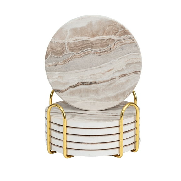 LIFVER Drink Coasters with Holder,Sets of 6,Marble Style Ceramic Coasters with Cork Backing Suitable for Kinds of Cups,Absorbent Coaster, 4 inches