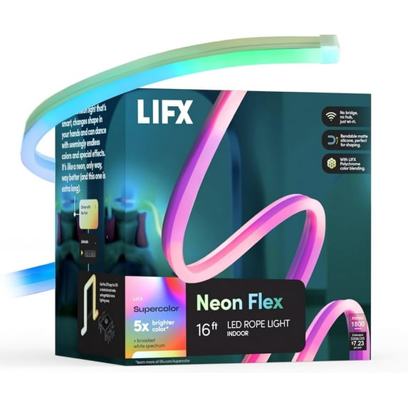 LIFX 16 ft. Smart Multi-Color RGBW Wi-Fi Plug-In Neon Flex Integrated LED Strip Light Works with Alexa/Google/HomeKit/Siri