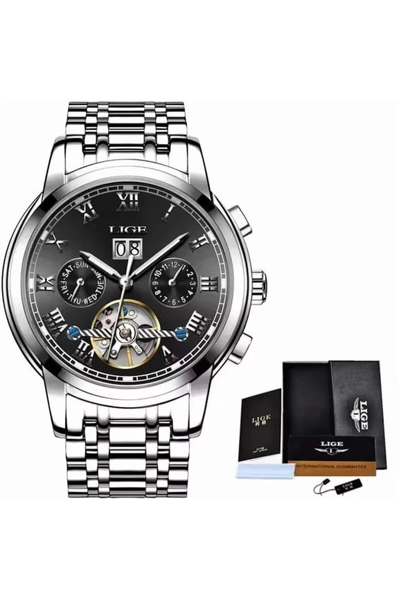 LIGE Fashion Men's Mechanical WristWatches Business Waterproof Tourbillon Watch Men Top Brand Luxury Autom Luxury Dress Watch Luminous Stainless Steel Waterproof Business Watch