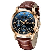 LIGE Luxury Luminous Quartz Watches Premium Leather Waterproof Sport Chronograph Leather Wristwatch for Women Men Brown-Gold
