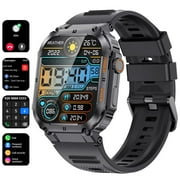 LIGE Men Rugged Military Smart Watch for Android iPhone with Make/Answer Calls Voice Assistant 1.96" IPS Big Screen Waterproof Sport Fitness Step Calorie Smartwatch Black