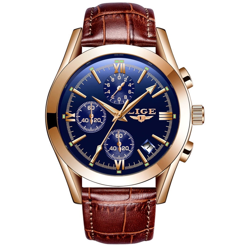 LIGE Watches for Men Brown Leather Gold Case Analog Quartz Fashion Business Dress Watch Day Date Luminous Waterproof Casual Male Wrist Watches