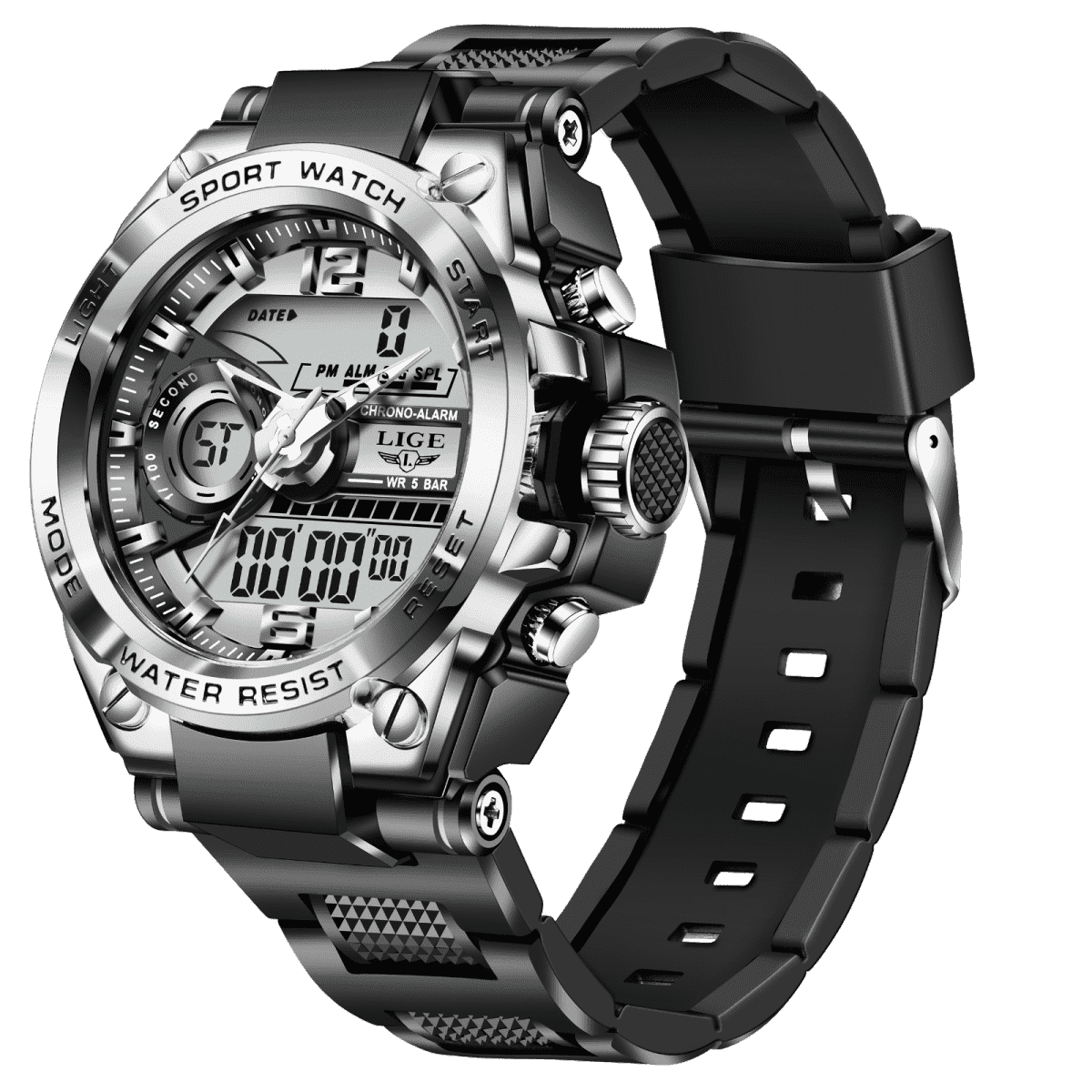 LIGE Men s Waterproof Wristwatch with Alarm Large Face LED Display Outdoor Sports Digital Watch Black Silver Walmart
