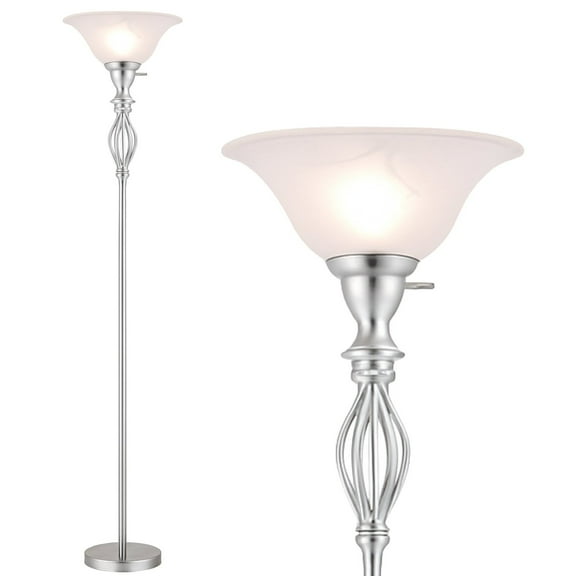 LIGHTACCENTS Silver Floor Lamp for Living Room with White Alabaster Glass Shade