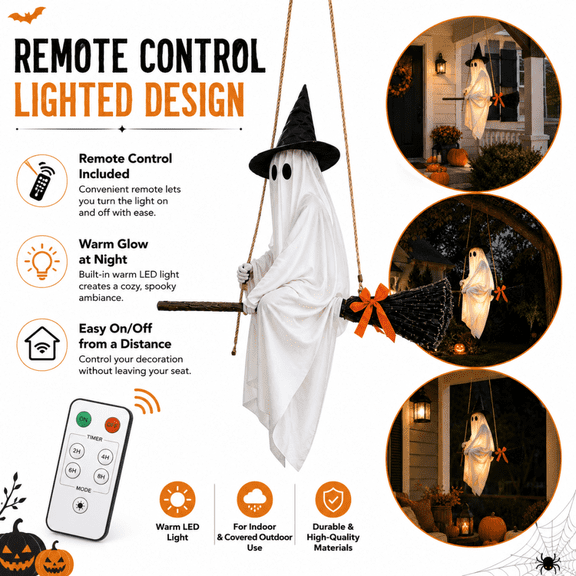 LIGHTED HANGING GHOST WITCH HALLOWEEN DECORATION Daytime Accent Transforms To Warm Cozy Nighttime Glow For Trick Or Treat Display