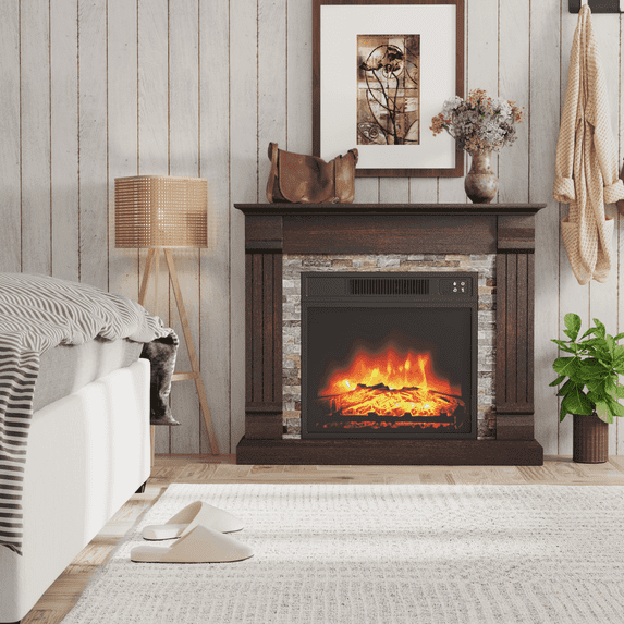 LIGHTINN 31.5''W Electric Fireplace with Wooden Encase Surround Mantel, Brown