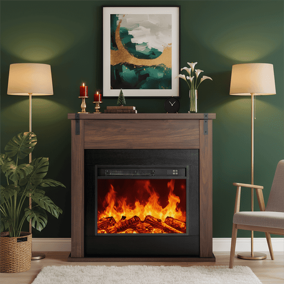 LIGHTINN 36" Freestanding Electric Fireplace with Mantel, Modern Minimalist TV Stand Electric Fireplace Mantel for Living Room Bed Room, Walnut