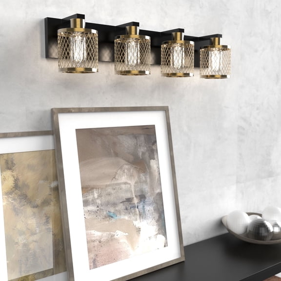 LIGHTINN 4-Light Bathroom Light Fixtures over Mirror, Vintage Bathroom Wall Lamp with Meshy Lantern Design Lampshade, Brushed Bronze,E26 Bulb Base