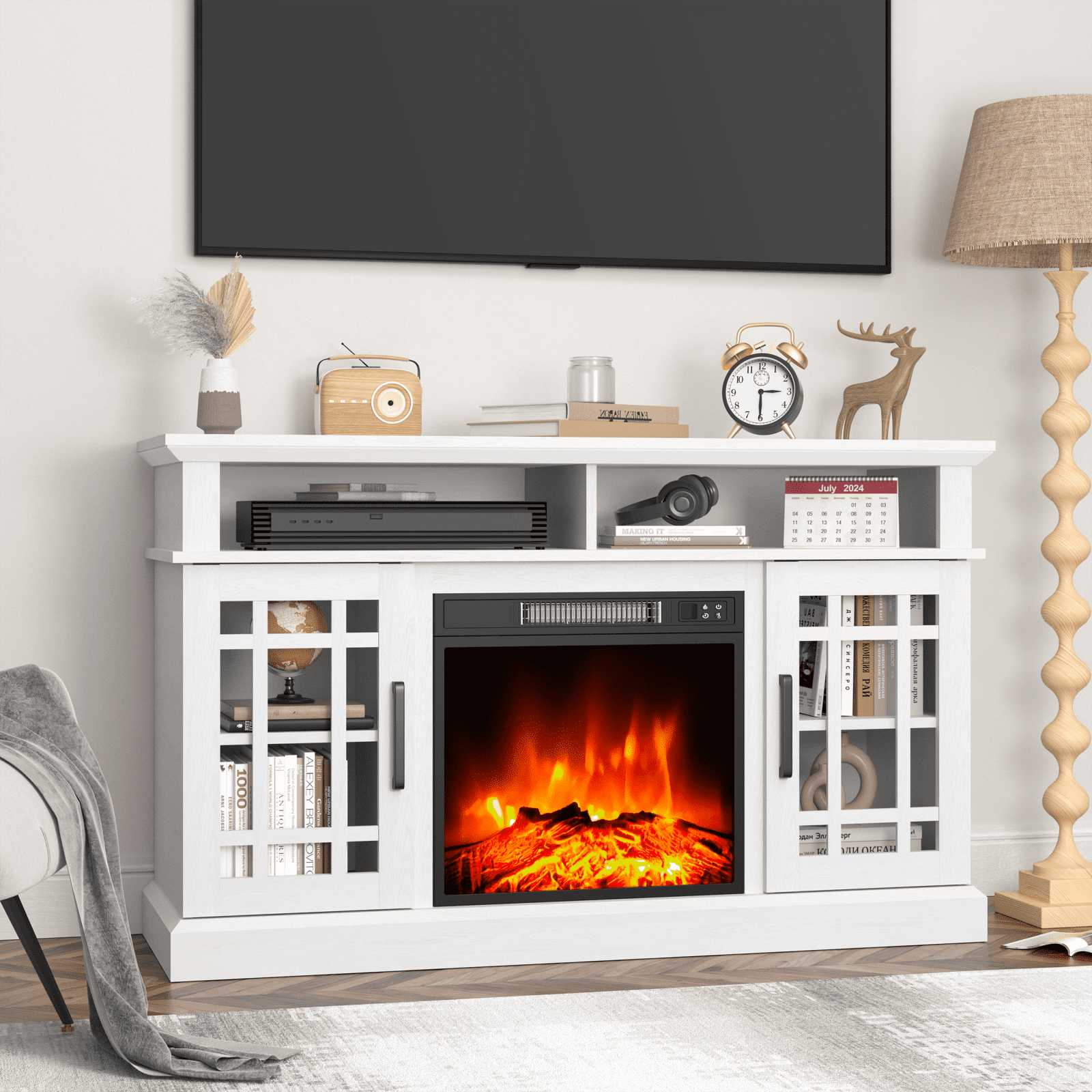 LIGHTINN Media Console TV Stand with Electric Fireplace,TV Stand for up ...
