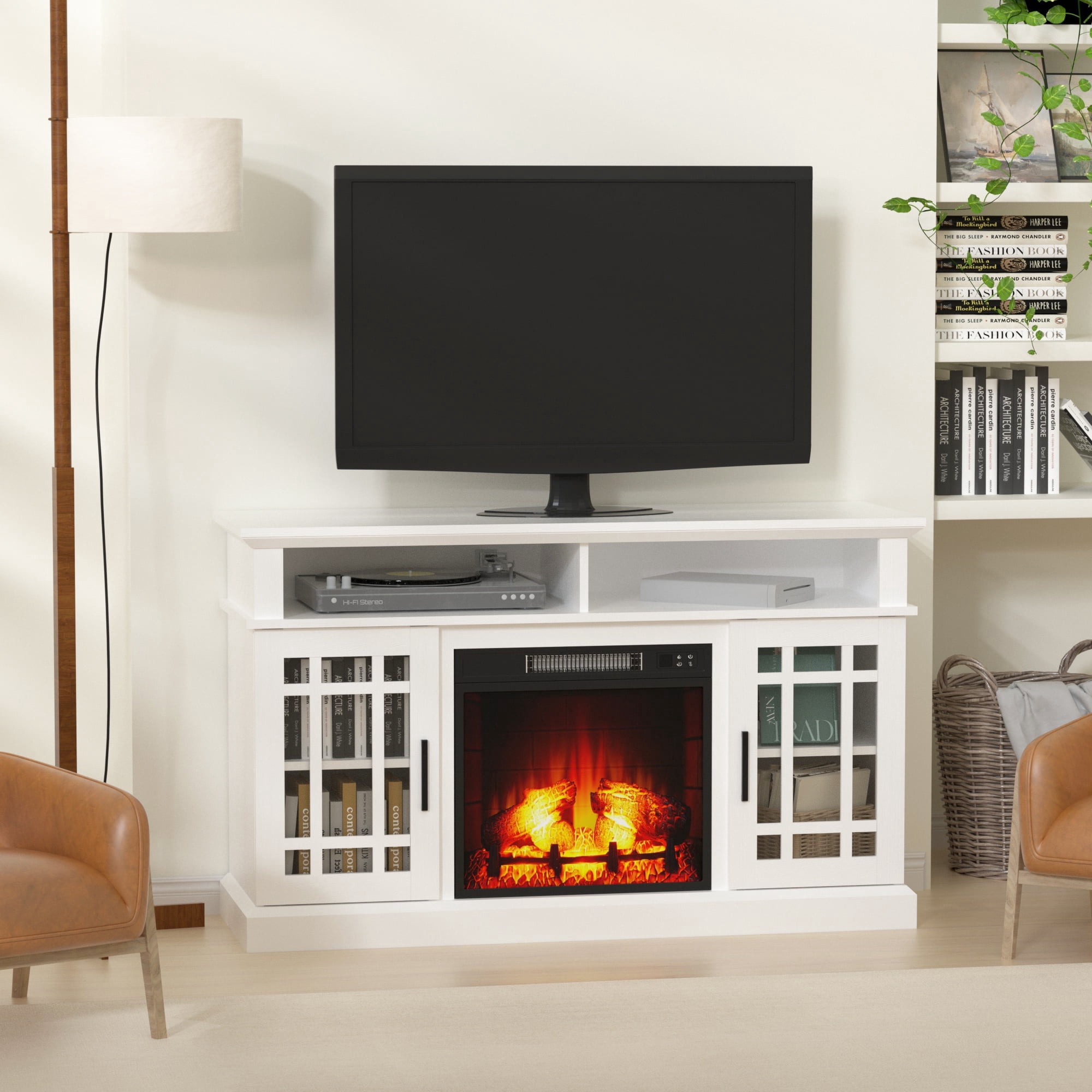 LIGHTINN 60 Inch Farmhouse TV Stand with Built-in Electric Fireplace ...