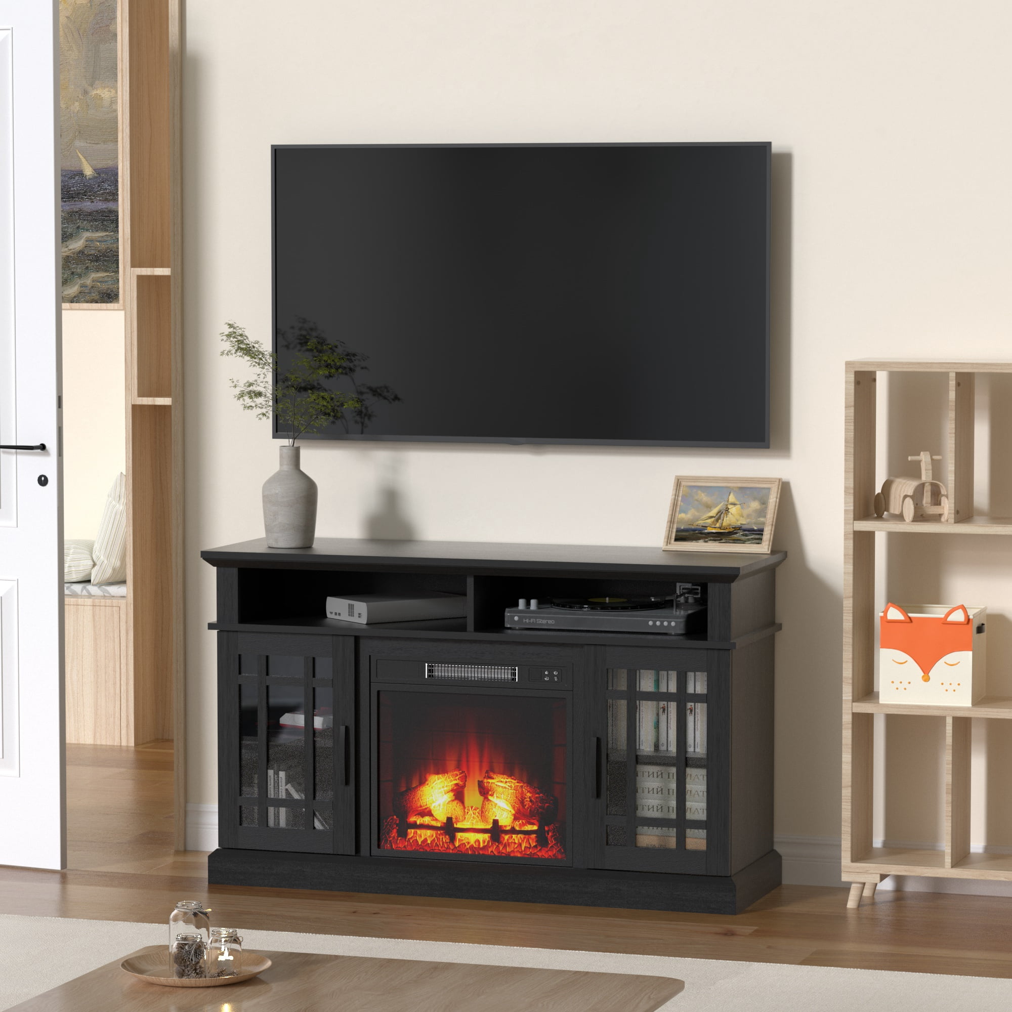 LIGHTINN 60 Inch Farmhouse TV Stand with Built-in Electric Fireplace ...