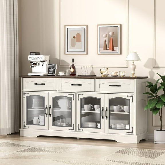 LIGHTINN 65.75" Large Sideboard Buffet Cabinet with Glass Door, Coffee Bar Wine Bar Farmhouse Buffet Table Kitchen Storage Cabinet with Drawers for Dining Room, White Walnut Grain