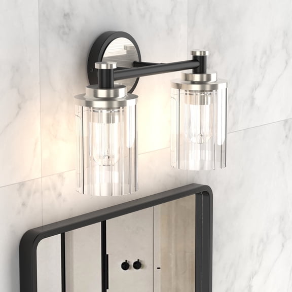 LIGHTINN Bathroom Dimmable Vanity Light with Cylindrical Clear Striped Glass Shade E26 Socket Base Vintage Fixture 2-Light (Black/Nickel)