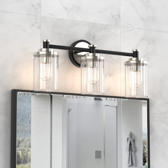 LIGHTINN Bathroom Dimmable Vanity Light with Cylindrical Clear Striped Glass Shade E26 Socket Base Vintage Fixture 3-Light (Black/Nickel)