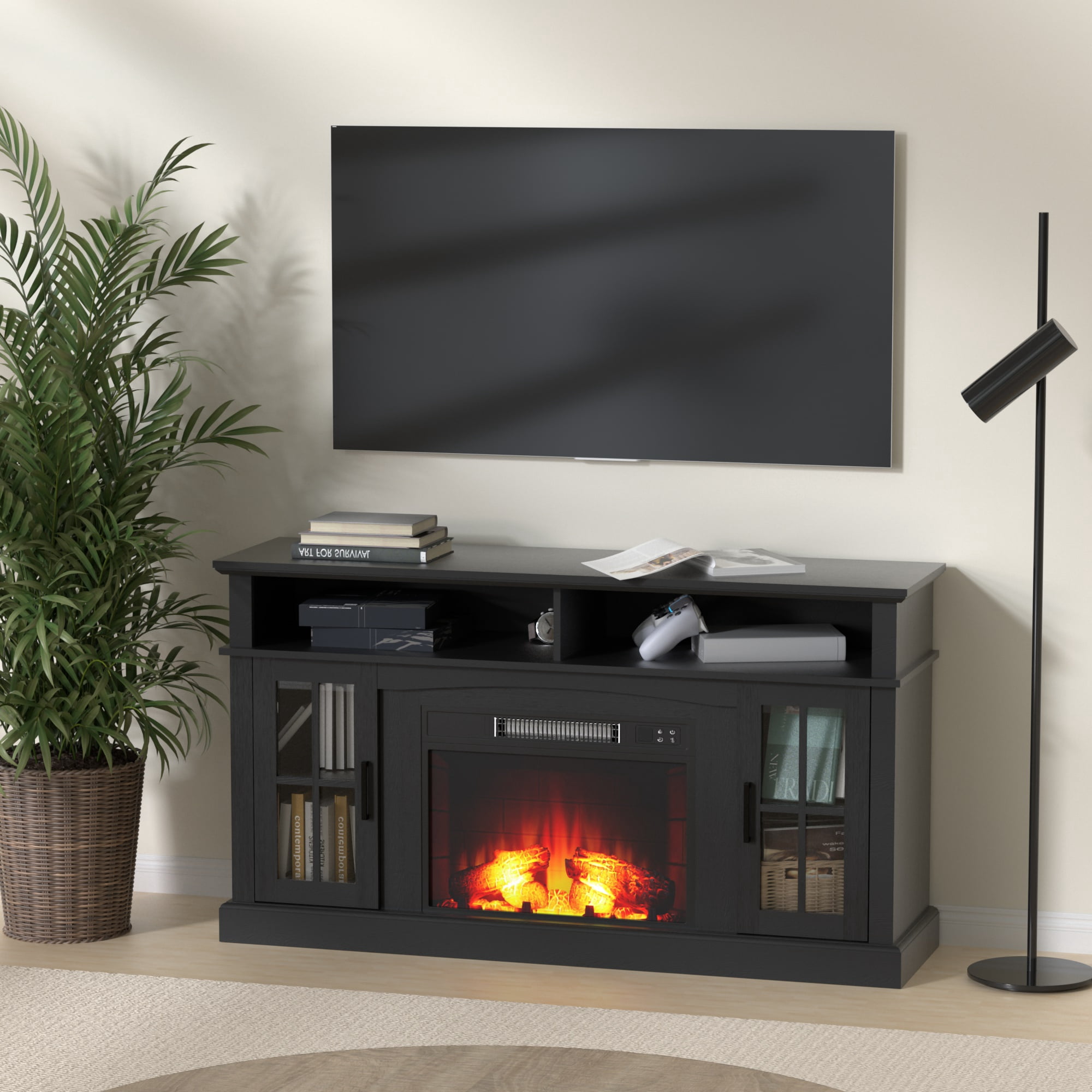 LIGHTINN Farmhouse TV Stand with Electric Fireplace - 60 Inch ...