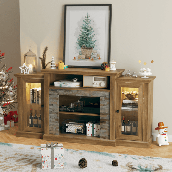 LIGHTINN Farmhouse TV Stand with LED Lights and Power Outlets for TVs up to 70", Entertainment Center Media Console Cabinet with Glass Door