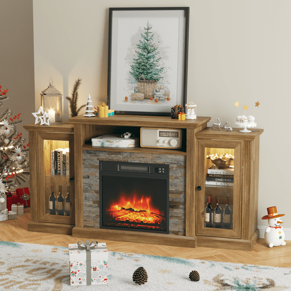LIGHTINN Fireplace TV Stand with LED Lights for TVs up to 70'', Entertainment Center with 18'' Electric Fireplace for Living Room Bedroom Home Decor