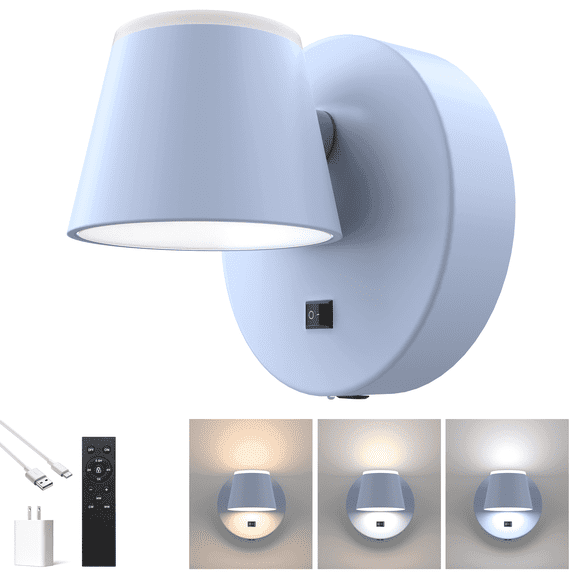 LIGHTINN Rechargeable Battery Operated LED Wall Sconce with Remote Control, 3CCT & Dimmable Magnetic 360 Rotation Cordless Light with Acrylic Shade, Modern Blue