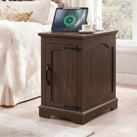 LIGHTINN Farmhouse End Table, Brown with Storage and Charging Station, Adjustable Shelves