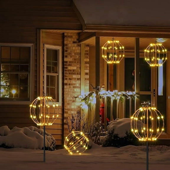 LIGHTSHARE 10IN 48LED Light Ball Yard Decoration Pathway Lights Sphere Light with Fold Flat Metal Frame Indoor Outdoor Waterproof Garden Lights, Brown Frame / Warm White Lights