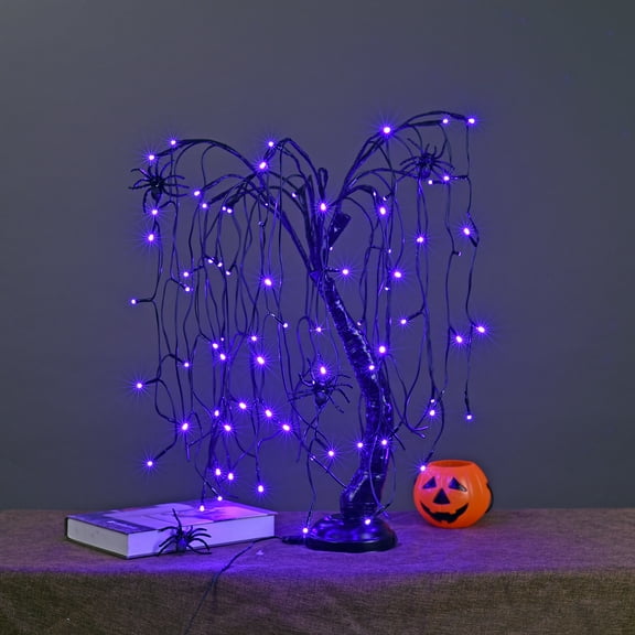 LIGHTSHARE 24-inch Halloween Willow Tree LED Spooky Bonsai Night Light,80 LED Lights, Battery Powered or DC Adapter(Included) (Purple)
