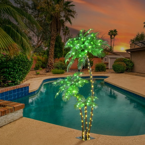 LIGHTSHARE Lighted 6FT Gorgeous Palm Tree 3Trunks Artificial Palm Tree 203LED Lights for Office Decoration Outdoor and Indoors Tiki Bar Christmas Patio Pool- Electric