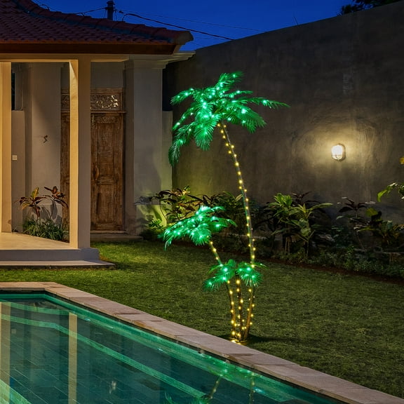 LIGHTSHARE Lighted 7FT Gorgeous Palm Tree 3Trunks Artificial Palm Tree 218LED Lights for Office Decoration Indoor Outdoor Tiki Bar Christmas Patio Pool- Electric