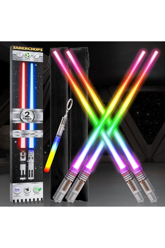 LIGHTTICKS LIGHT UP STAR WAR CHOPSTICK LED Glowing Light Saber Chop Sticks REUSABLE Sushi Sabers Cool Fun Geeky STARWAR Chop Stick Set 2 PAIRS | FREE Keychain Soft Carry Pouch | Gift Box