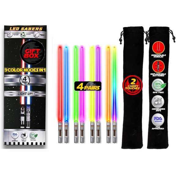 LIGHTTICKS LIGHT UP STAR WAR LED Glowing Light Saber Chop Sticks REUSABLE Sushi Lightup Sabers-Removable Handle Dishwasher Safe-Premium GIFT BOX & CARRY CASE Included-8 COLOR MODES-4 PAIRS