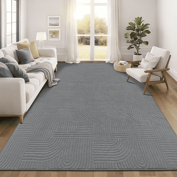 9'x 12' Geometric Gray Area Rug Washable, Durable Non-Slip Indoor Carpet with Soft High-Low Pile, Fluffy Floor Rugs for Living Room, Bedroom, Home Office Décor