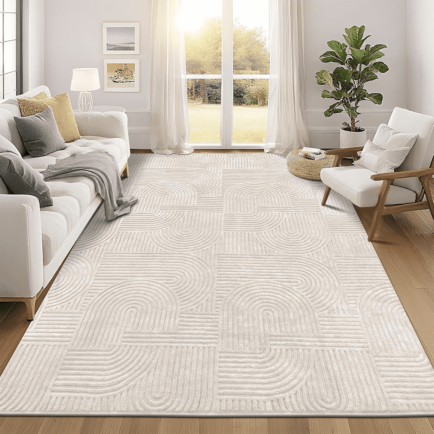 8' x 10' Geometric Beige Area Rug Washable, Durable Non-Slip Indoor Carpet with Soft High-Low Pile, Fluffy Floor Rugs for Living Room, Bedroom, Home Office Décor