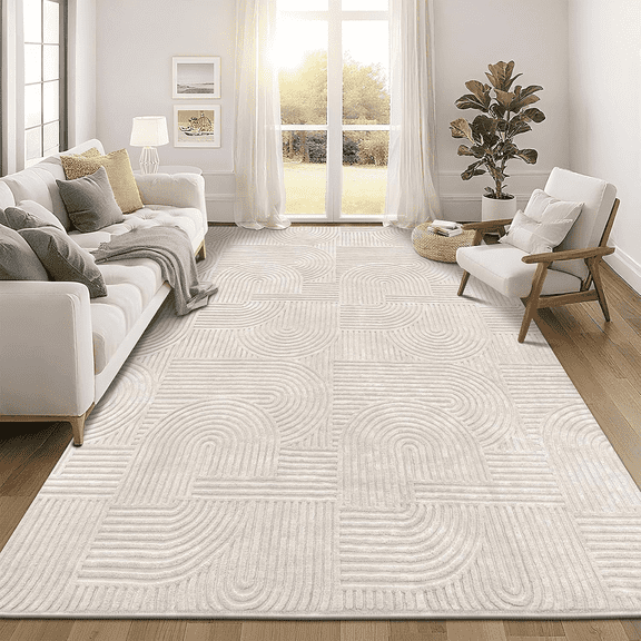 9' x 12' Geometric Beige Area Rug Washable, Durable Non-Slip Indoor Carpet with Soft High-Low Pile, Fluffy Floor Rugs for Living Room, Bedroom, Home Office Décor