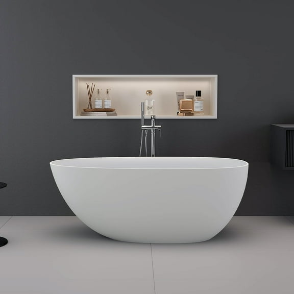 LIGMIRR 55 inch Stone Resin Freestanding Bathtub, Gracefully Egg Shaped Freestanding Tubs, Overflow and Pop-up Drain Included, Solid Surface Soaking Bath Tub,Stand Alone Tubs, White