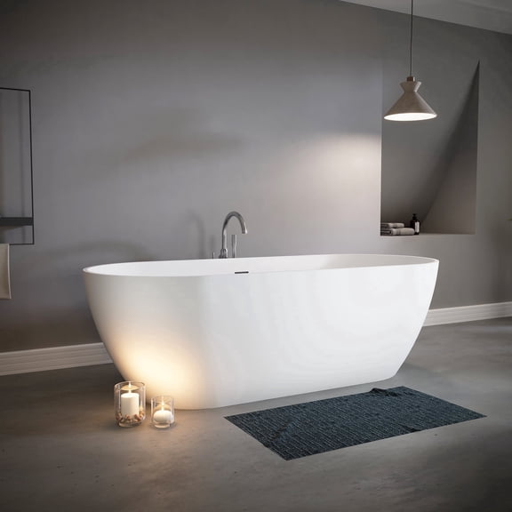 LIGMIRR 59" Stone Resin Freestanding Bathtub, Arc-Shaped Edge Solid Surface Bathroom Stand Alone Tubs with Overflow and Pop-up Drain, Matte White