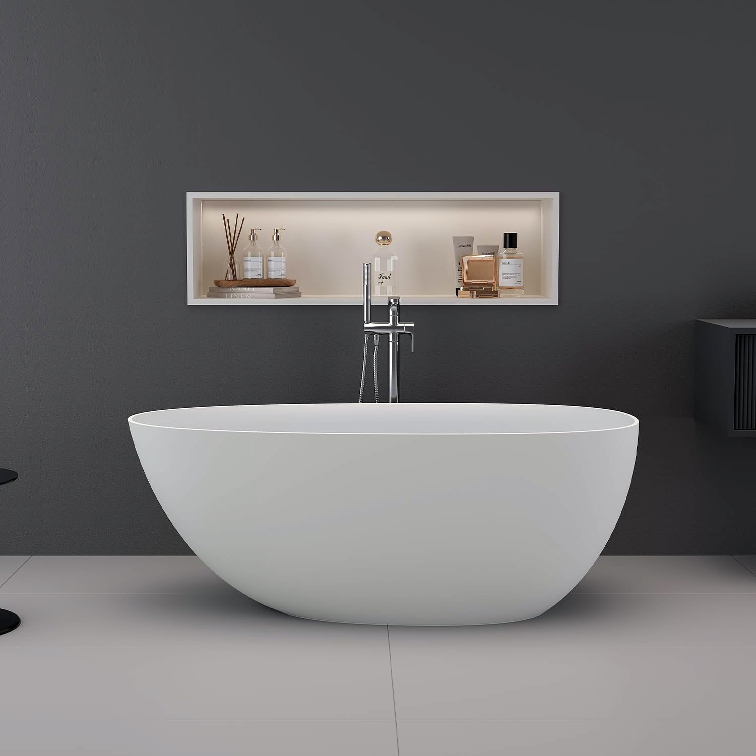 LIGMIRR 63 inch Stone Resin Freestanding Bathtub, Gracefully Egg Shaped
